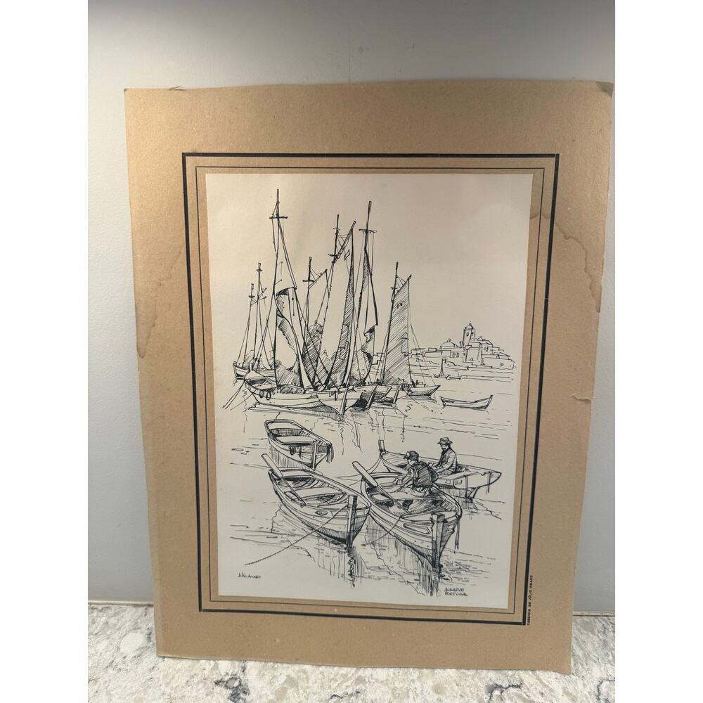 Julio Amaro Black & White Ink Drawing Boats in a Harbor Algarve Portugal JL